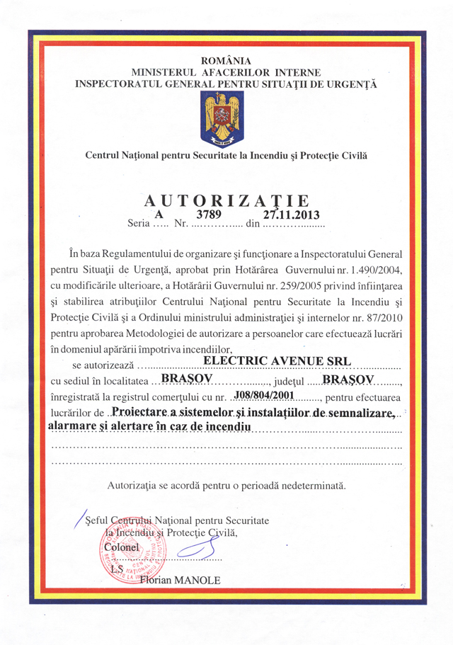 Securitate la Incendiu, Autorizatie IGSU/ISU